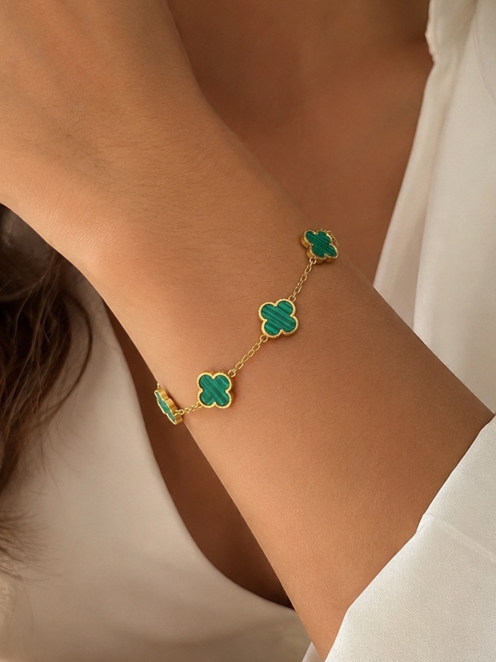 Gold Bracelet with Green Clover Accents - Women's Jewelry 💚✨